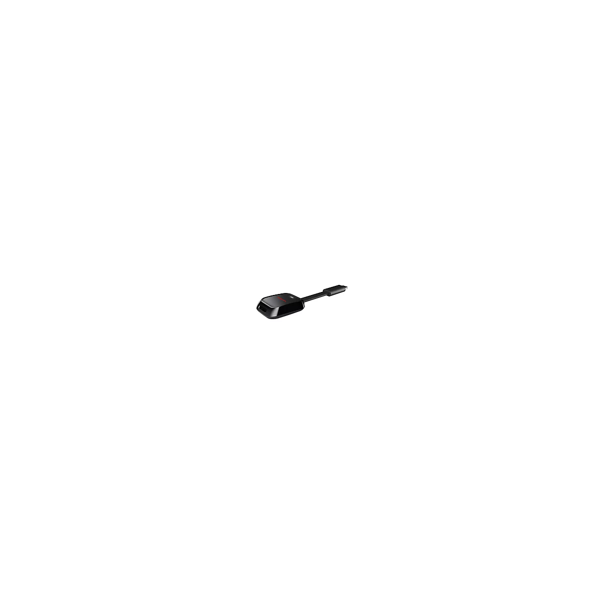 Schwarzer USB-Adapter mit rotem Schriftzug, USB-A-Anschluss und Kabel mit USB-C-Stecker.
