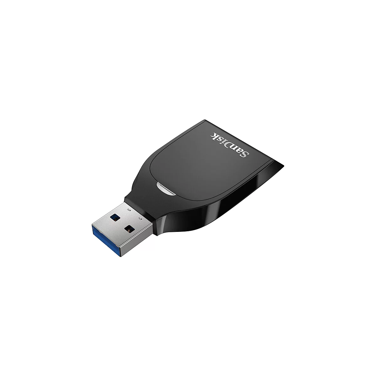 Schwarzer USB-Kartenleser mit silbernem USB-Stecker. Die Marke Sandisk ist auf der Oberseite eingraviert.