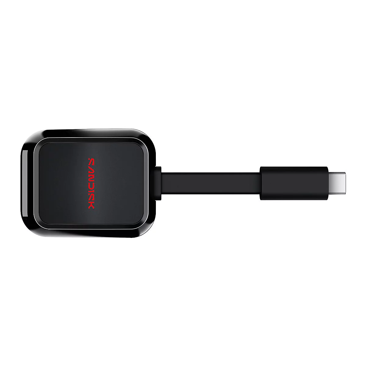 Schwarzer USB-C-Adapter mit rotem Sandisk-Schriftzug.