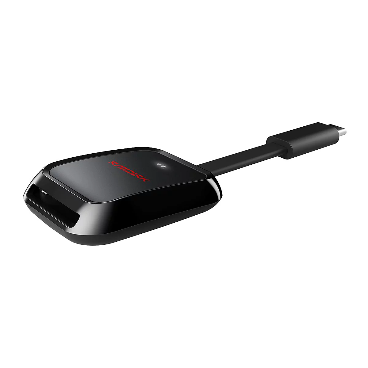 Schwarzes Speichermedium mit rotem "SanDisk"-Schriftzug und USB-C-Anschluss.