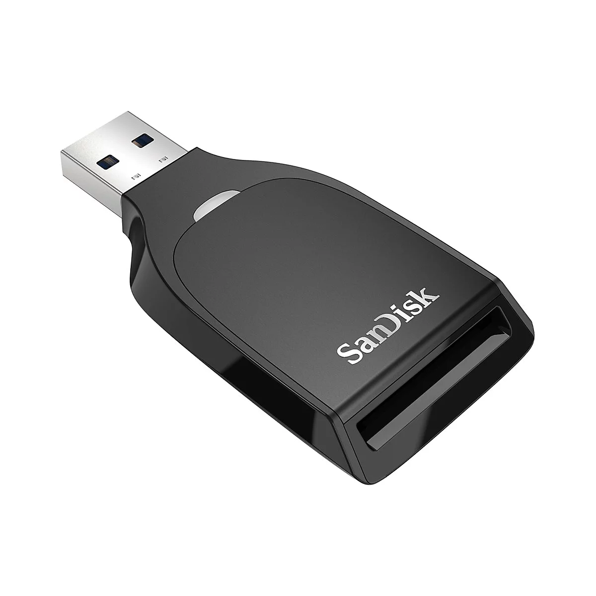 Lecteur de carte Sandisk noir. Connecteur USB en haut, texte Sandisk en blanc.
