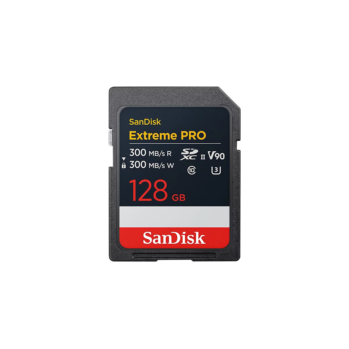 Une carte SD SanDisk, modèle Extreme Pro, 128 Go. Inscription : 300 Mo/s R, 300 Mo/s W, et autres logos.