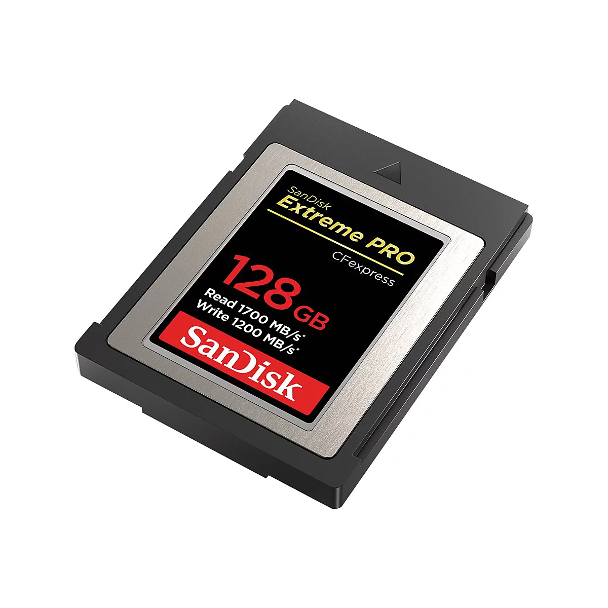 Carte mémoire CFexpress noire Sandisk, avec cadre argenté et logo rouge. Inscription : 128 Go, Extreme PRO.