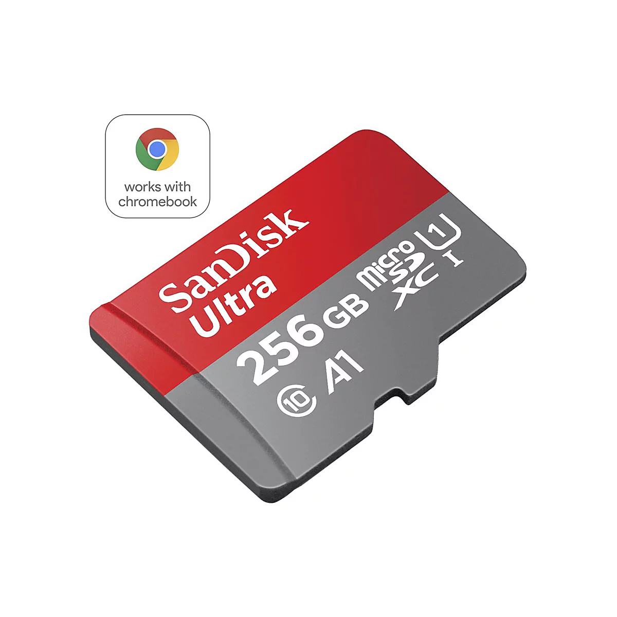 Carte micro SD SanDisk Ultra, 256 Go, rouge et grise, avec logo Chrome.
