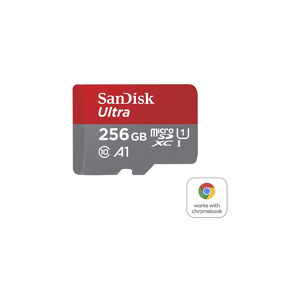 Une carte micro SD SanDisk Ultra rouge et grise avec des lettres blanches. La carte a une capacité de 256 Go et le logo "works with chromebook".