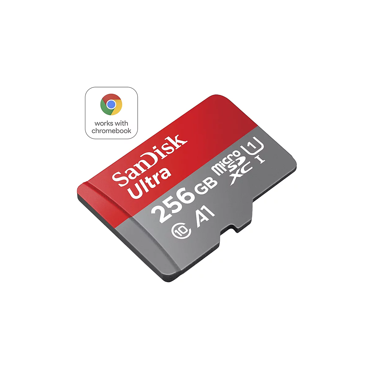 Carte microSD SanDisk Ultra avec une surface rouge et grise. La carte indique "256 Go" et "A1". Le logo Chromebook est également présent dans l'image.