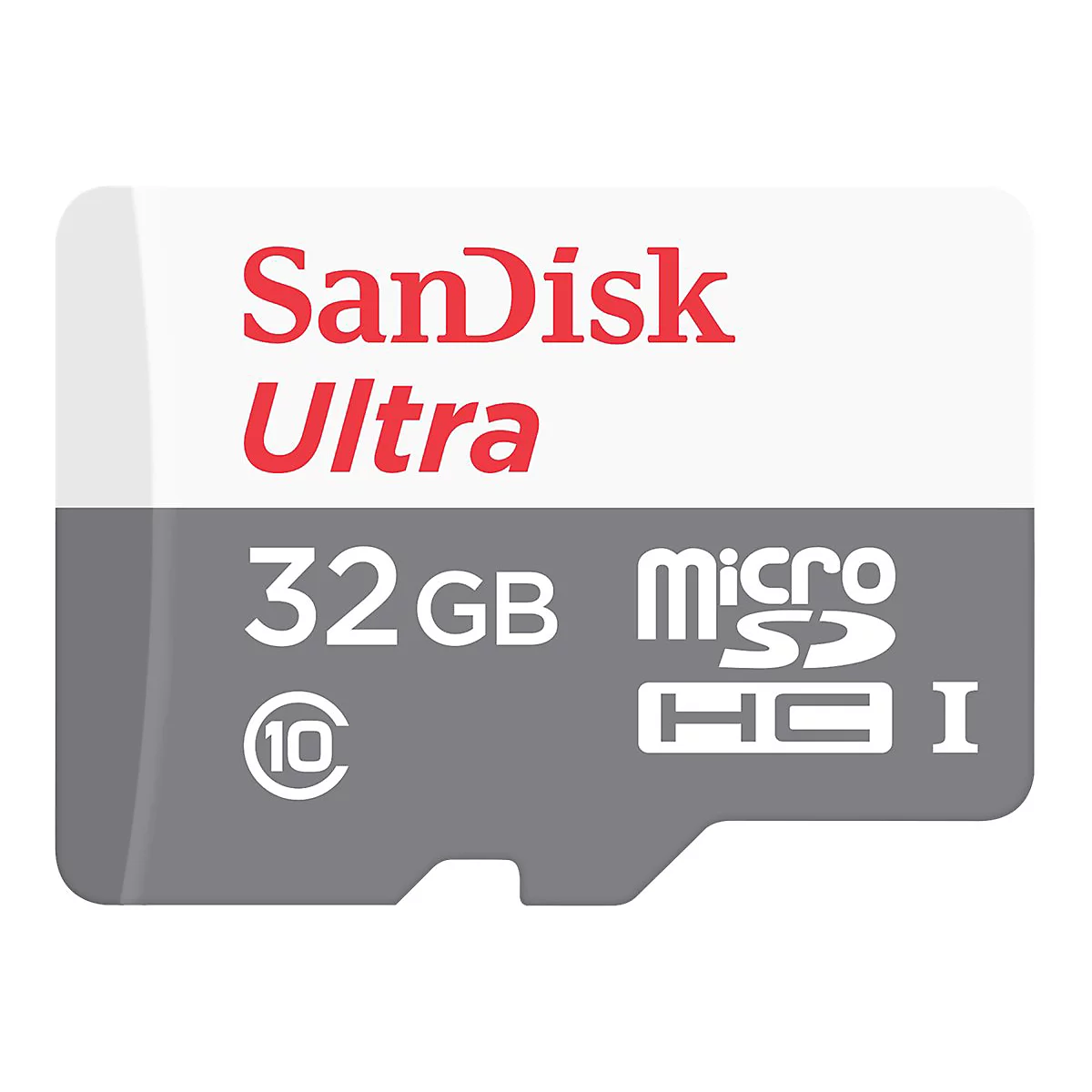 Carte mémoire SanDisk Ultra microSDHC 32 Go. Logo blanc et fond gris avec spécifications techniques.