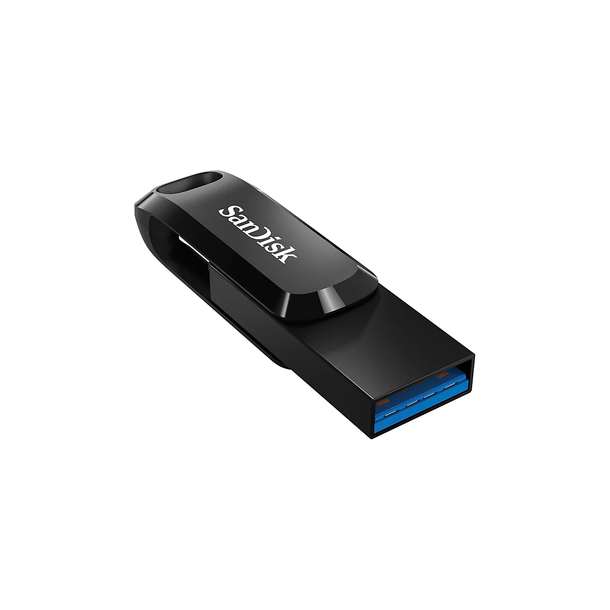 Schwarzer USB-Stick von SanDisk. Der Stecker hat eine blaue Innenseite.