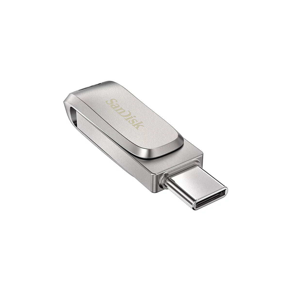 Une clé USB argentée avec l'inscription 'SanDisk'.