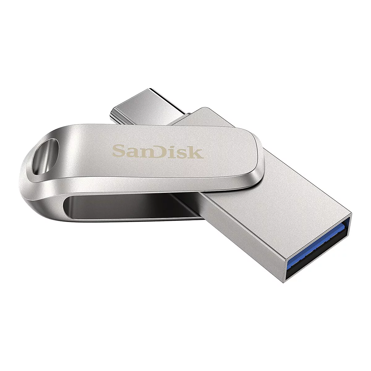 Silberner USB-Stick von SanDisk, Detailaufnahme vor weißem Hintergrund.