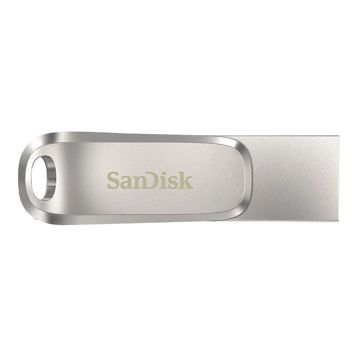 Silberfarbener USB-Stick mit dem Schriftzug "SanDisk".