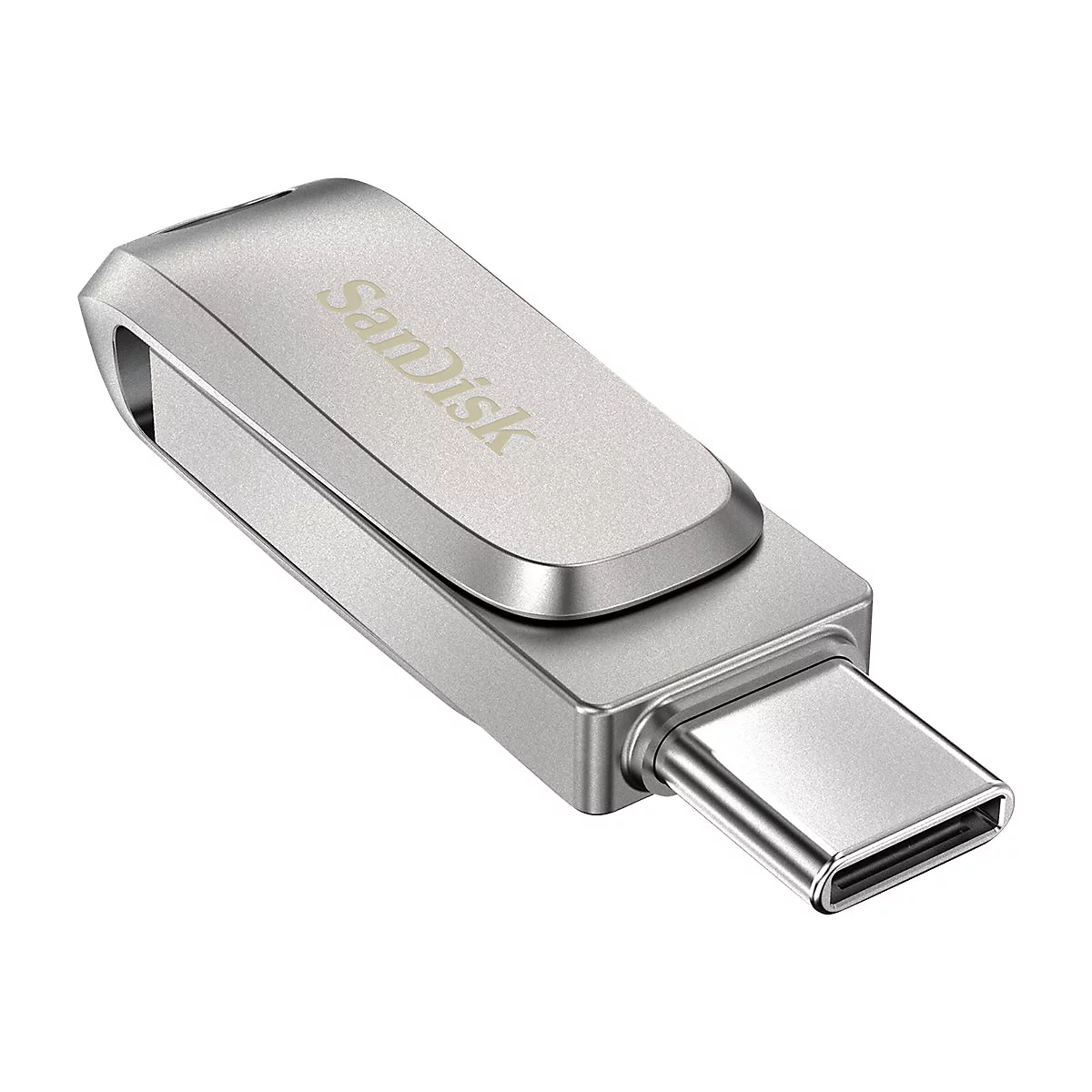 Silberfarbener USB-C-Stick von SanDisk. Das Logo ist lesbar. Der Stick hat eine glatte Oberfläche und eine Schutzkappe.