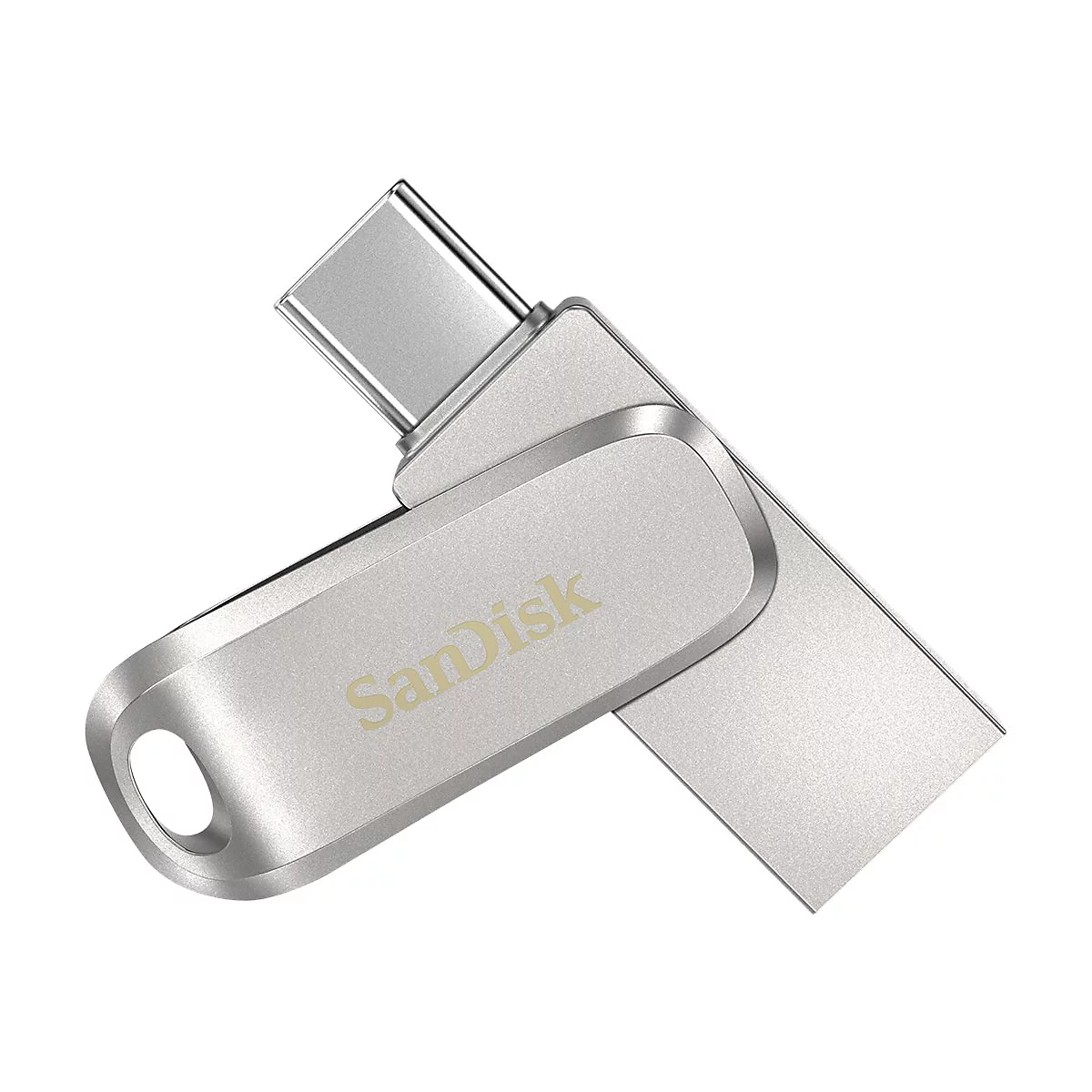 Silberner USB-Stick mit Sandisk-Logo. Der Stecker ist eingesetzt.