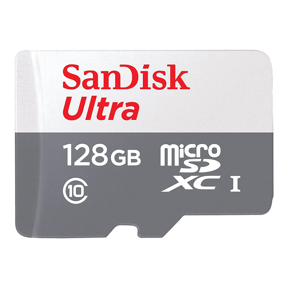 SanDisk Ultra MicroSD-Karte mit roter Schrift, 128 GB Kapazität und MicroSDXC I-Kennzeichnung.