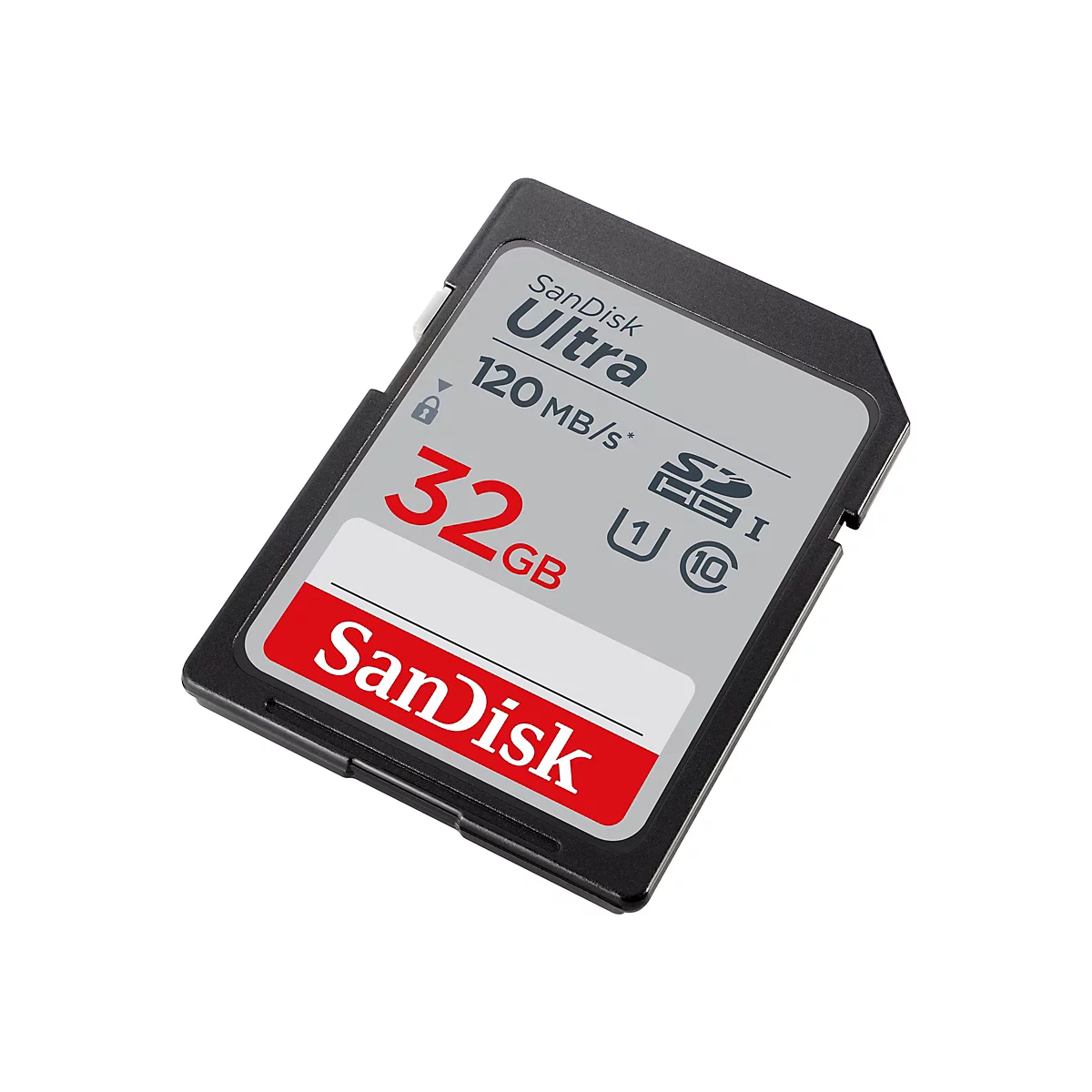 Schwarze SanDisk Ultra SD-Karte, 32 GB. Aufschrift Ultra, 120 MB/s und SanDisk.
