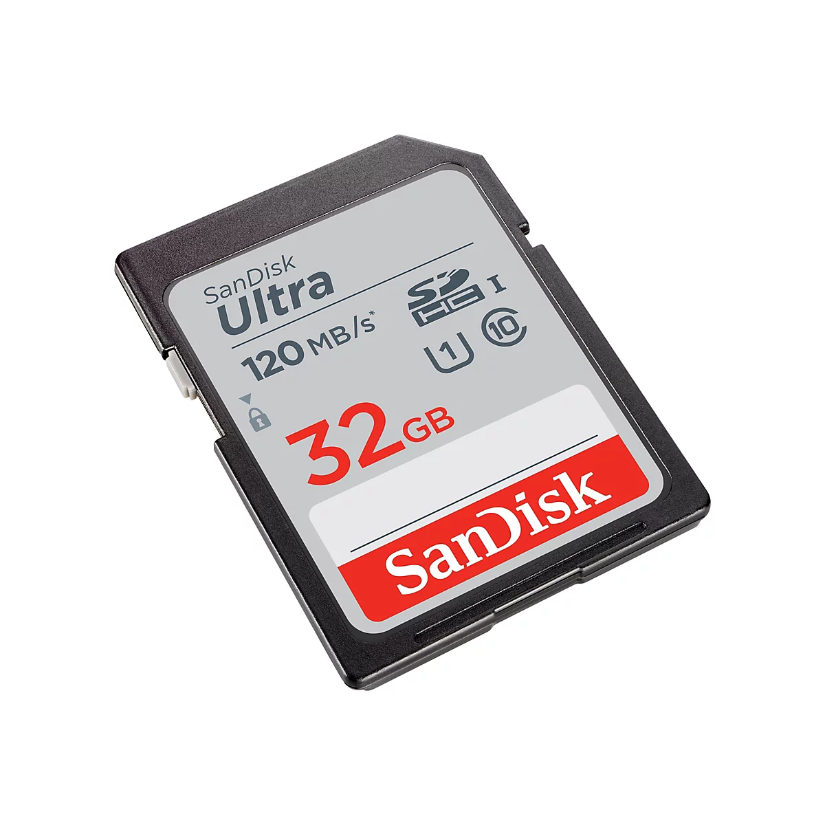 SD-Karte SanDisk Ultra 32 GB, schwarz, grau und rot, mit Schriftzug.