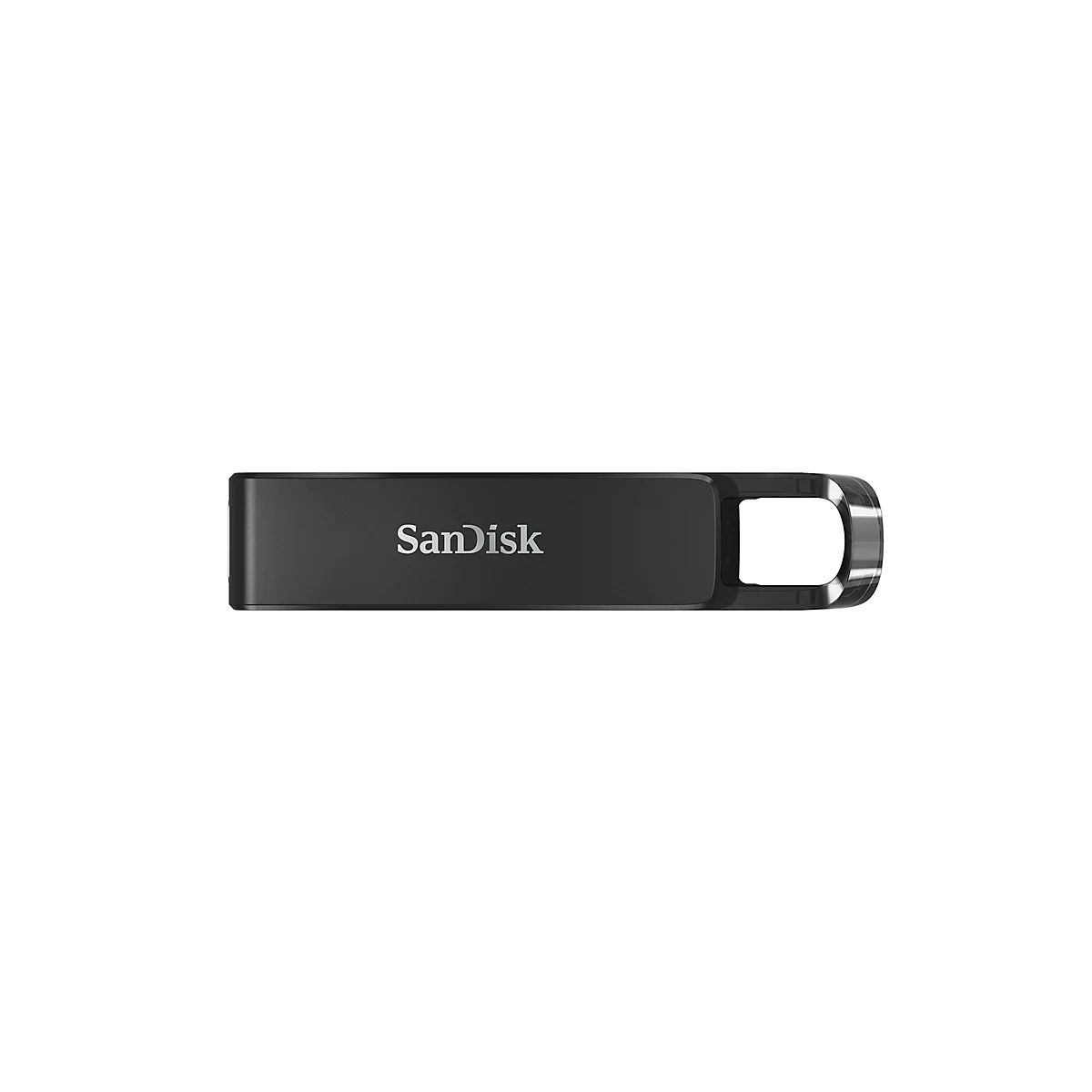Schwarzer SanDisk USB-Stick, silberner Schriftzug. Form ist rechteckig, mit einer Öffnung am Ende.