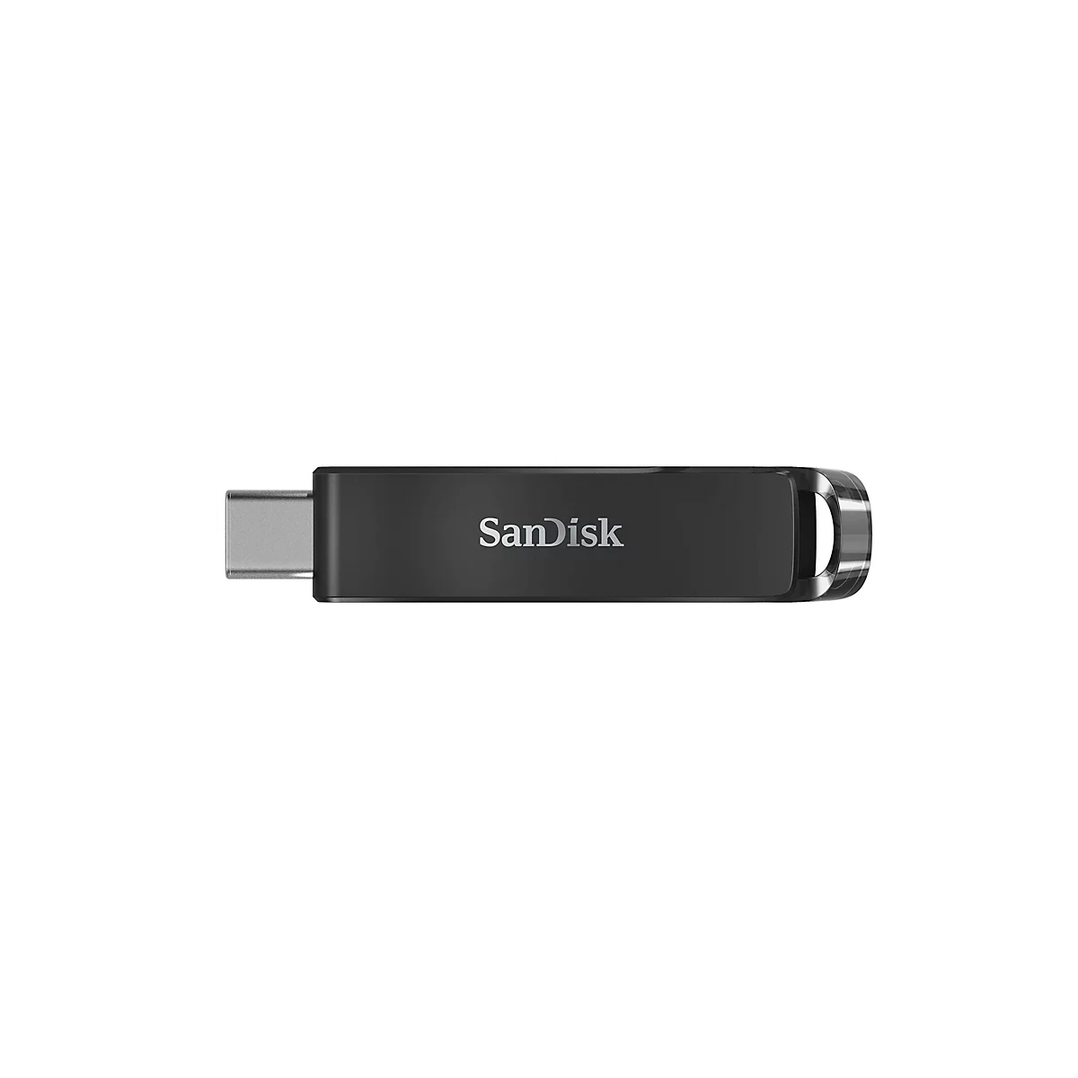 Schwarzer USB-Stick von SanDisk mit Typ-C-Anschluss, auf weißem Hintergrund.