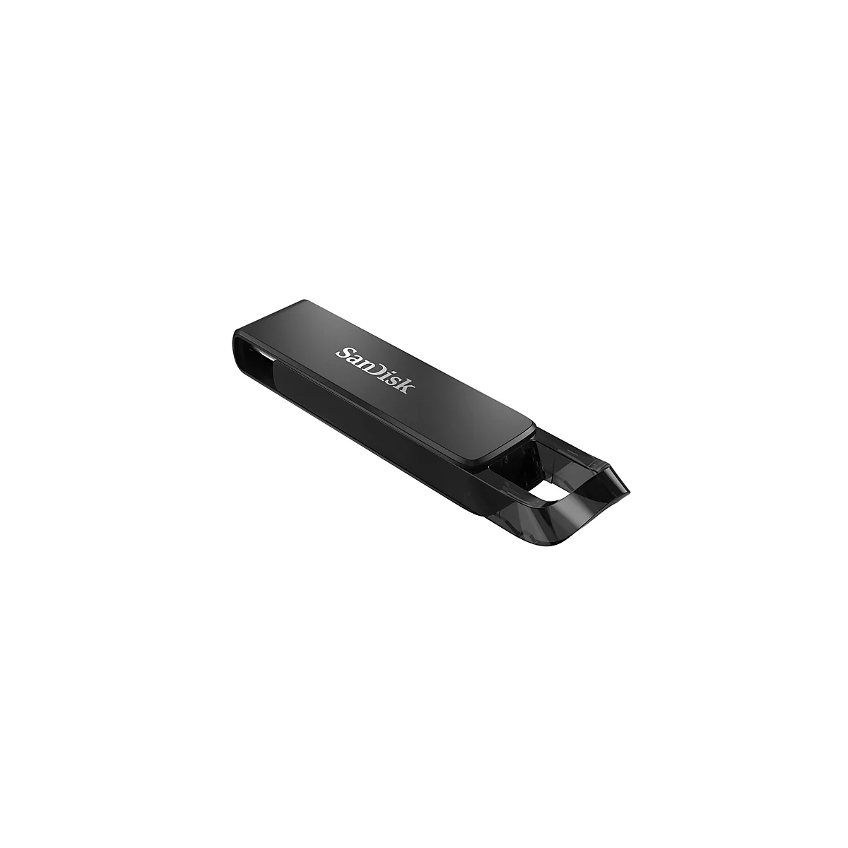 Schwarzer SanDisk USB-Stick auf weißem Hintergrund, mit SanDisk-Schriftzug.