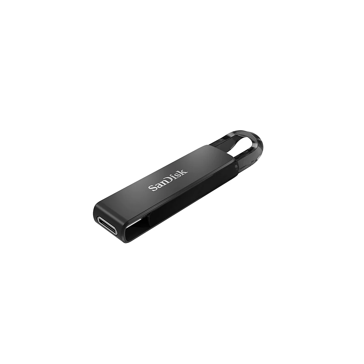 Ein schwarzer USB-Stick mit dem Schriftzug "SanDisk" auf weißem Hintergrund.
