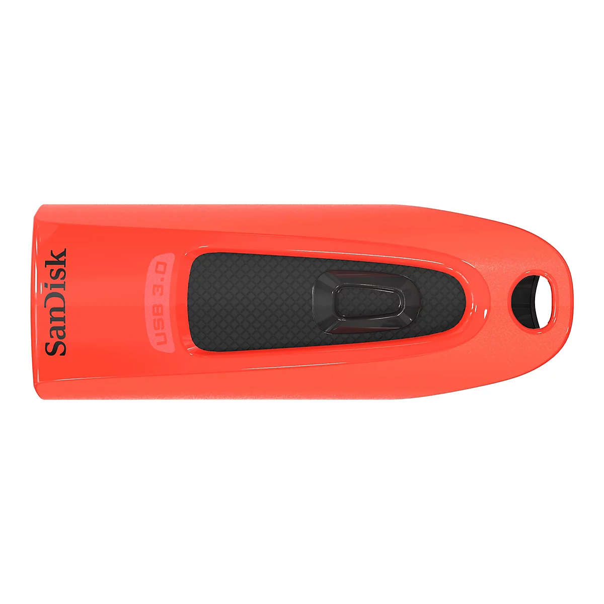 Ein roter USB-Stick der Marke SanDisk, mit schwarzem Einsatz. Auf dem Stick steht "SanDisk" und "USB 3.0".
