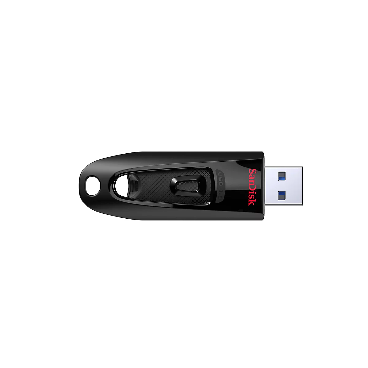 Schwarzer USB-Stick von SanDisk, auf weißem Hintergrund. Der Stick hat rote Schriftzüge und einen USB-3.0-Anschluss.
