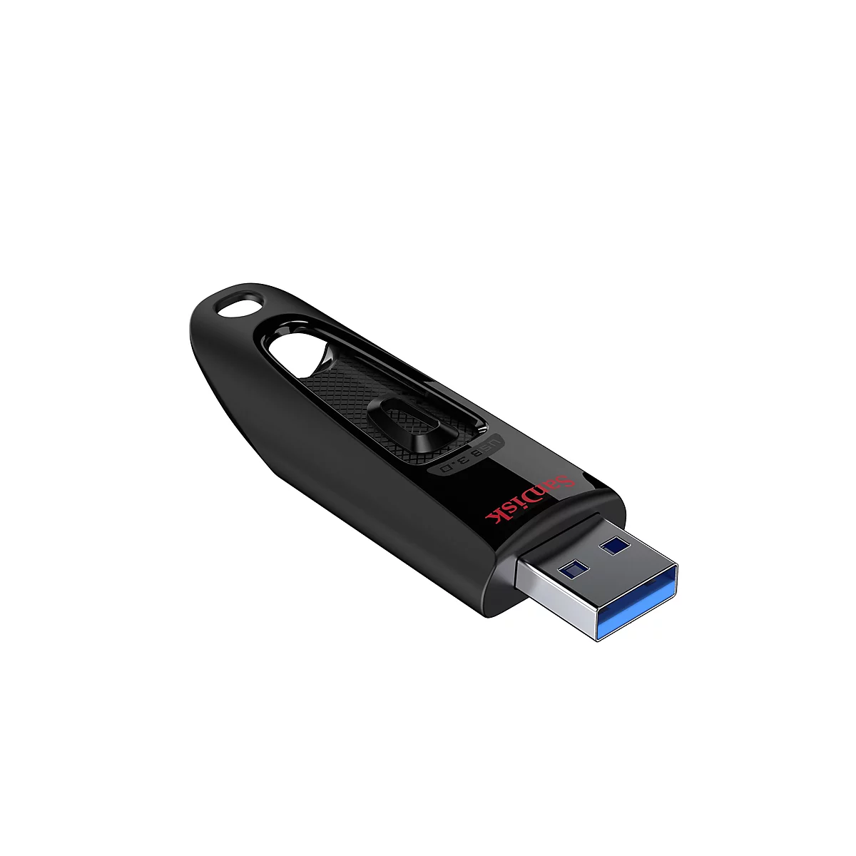 Ein schwarzer USB-Stick, SanDisk-Logo in Rot, USB 3.0-Anschluss mit blauem Einsatz.