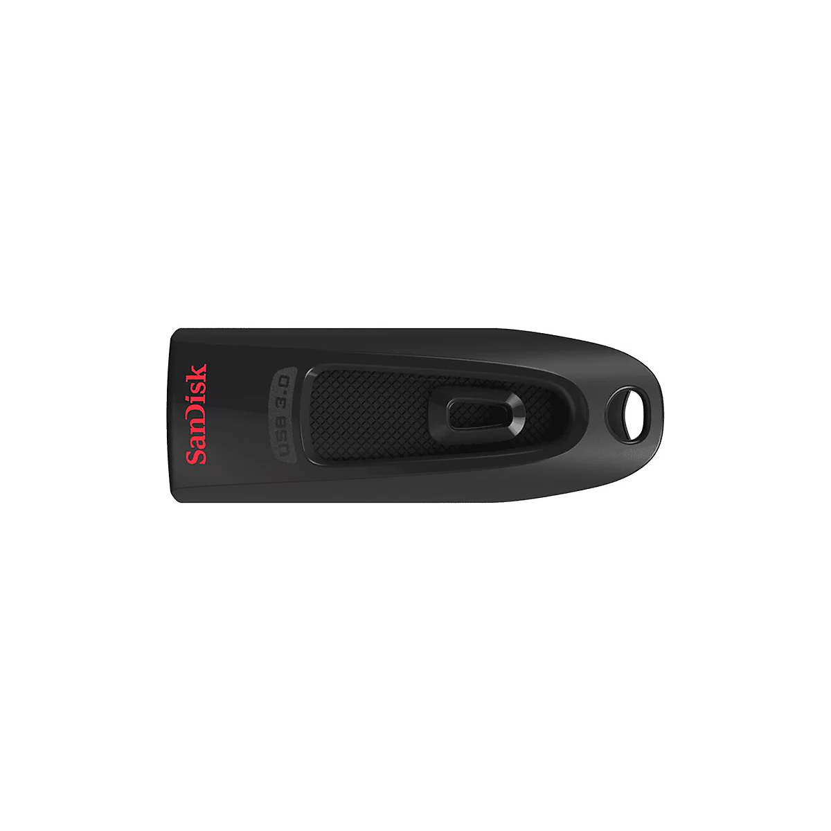 Schwarzer USB-Stick von Sandisk mit rotem Logo. USB 3.0 ist auf dem Stick angegeben, mit Öse.