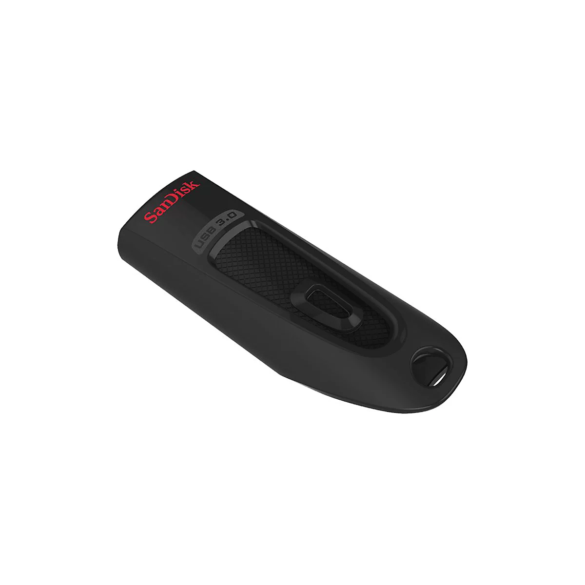 Schwarzer USB-Stick von SanDisk, rot beschriftet mit USB 3.0. Der USB-Stick hat eine Aussparung mit Muster.