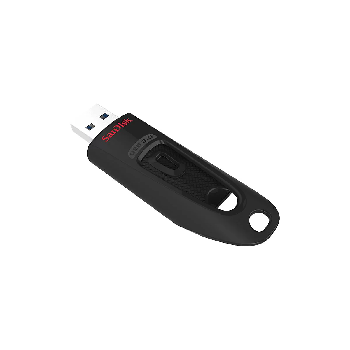 Schwarzer USB-Stick von SanDisk, mit roter Schrift, USB 3.0 und Loch für Schlüsselanhänger.