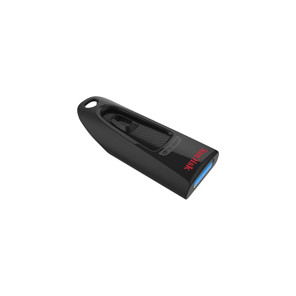 Schwarzer USB-Stick mit rotem 'SanDisk'-Schriftzug und blauem Anschluss.