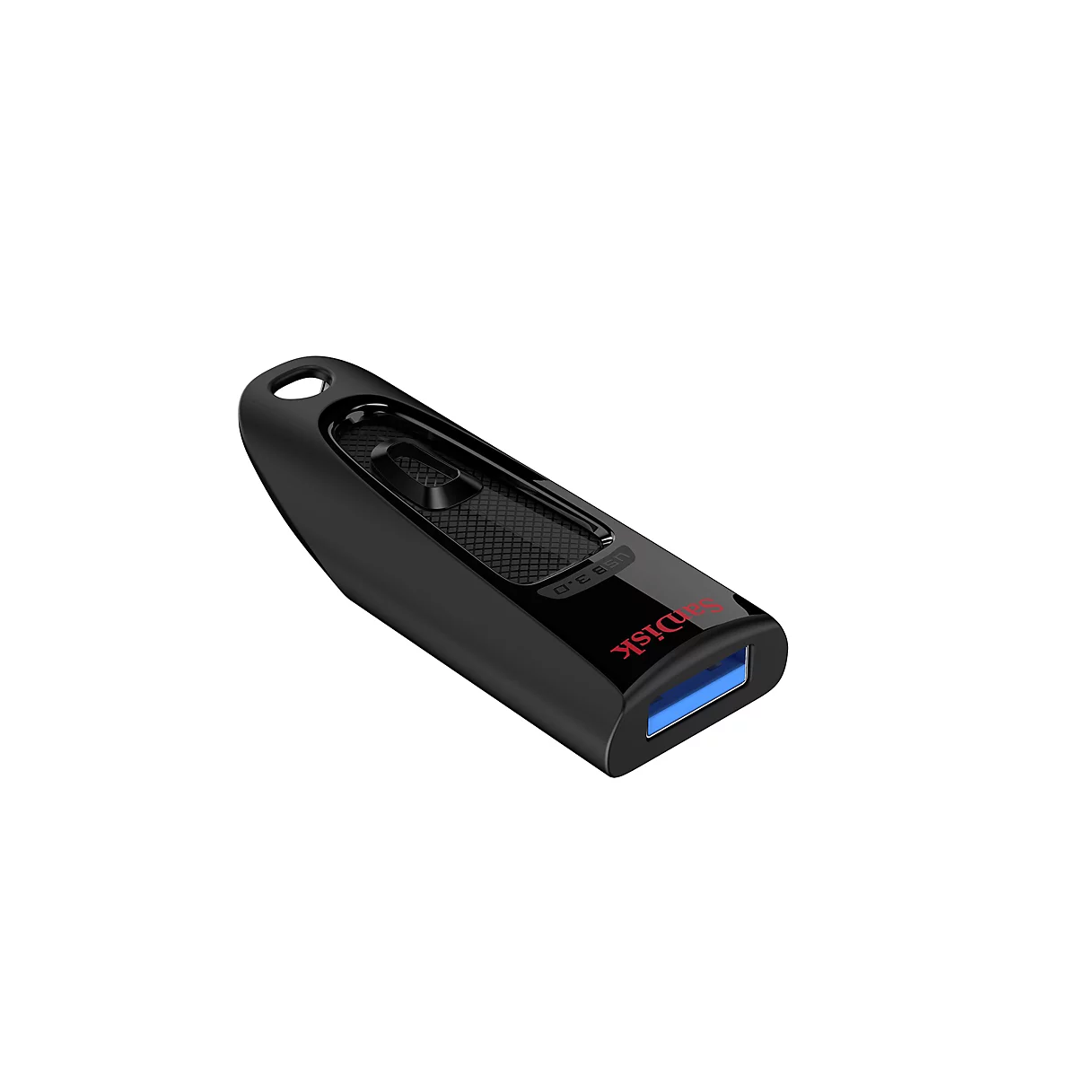 Ein schwarzer USB-Stick von Sandisk, mit rotem Schriftzug und blauem Anschluss.