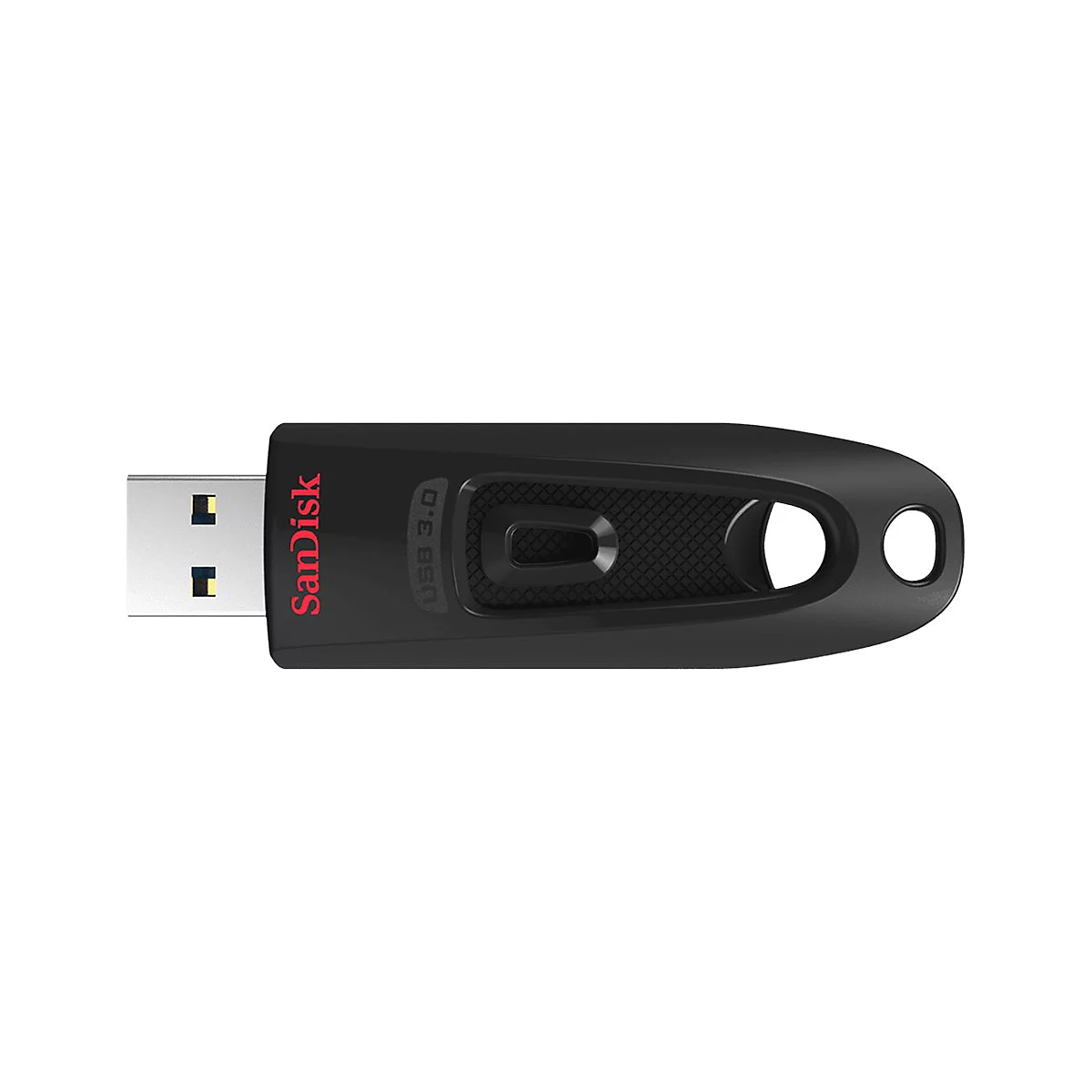 Schwarzer USB-Stick von Sandisk mit rotem Schriftzug und USB 3.0 Kennzeichnung.
