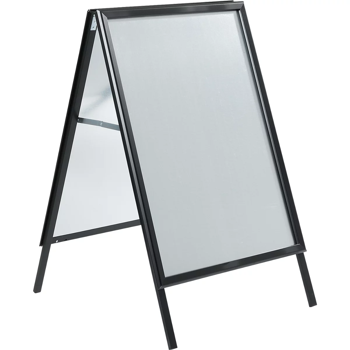 Black double-sided advertising sign with empty white surface.