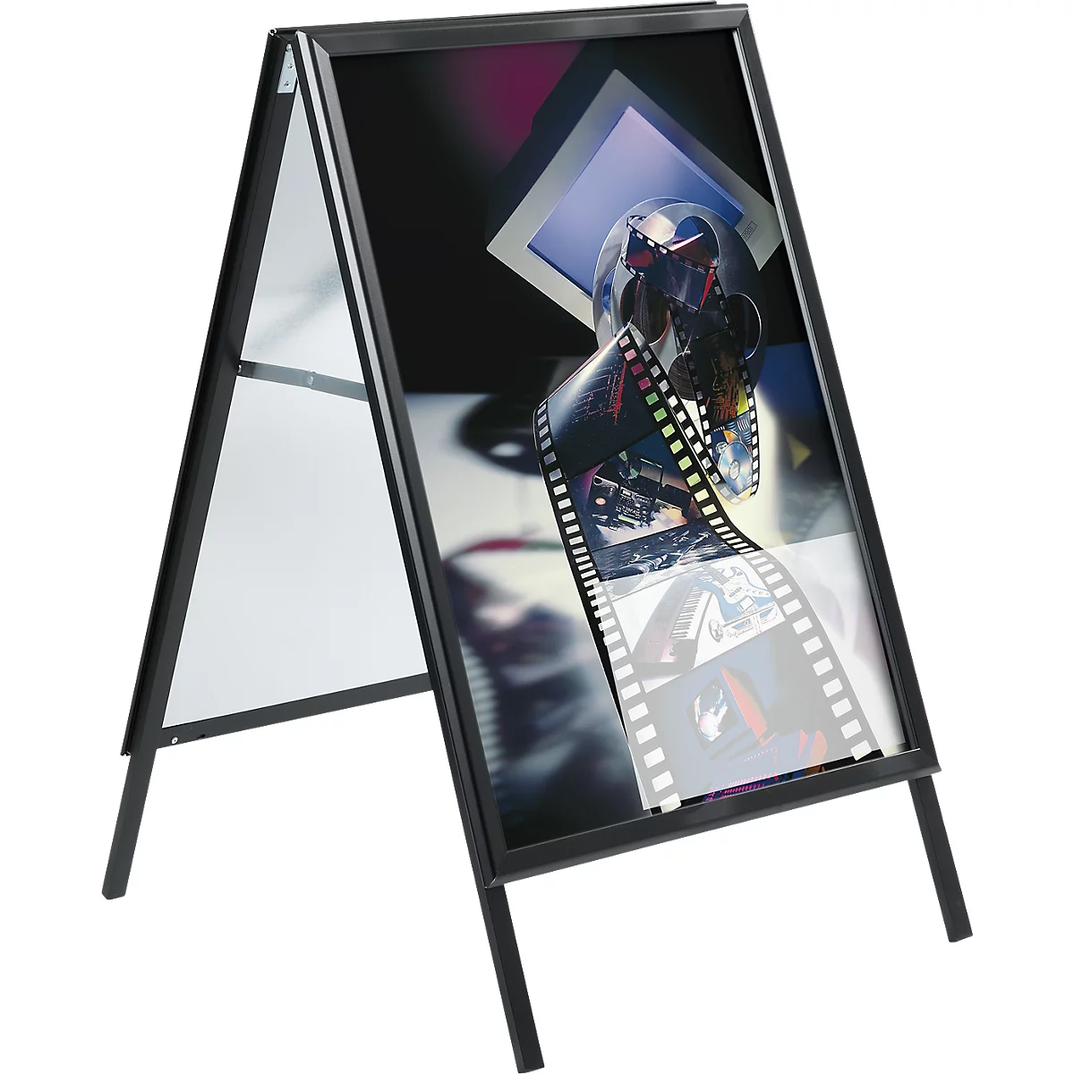 Black A-shaped advertising sign, showing a film or movie theme.