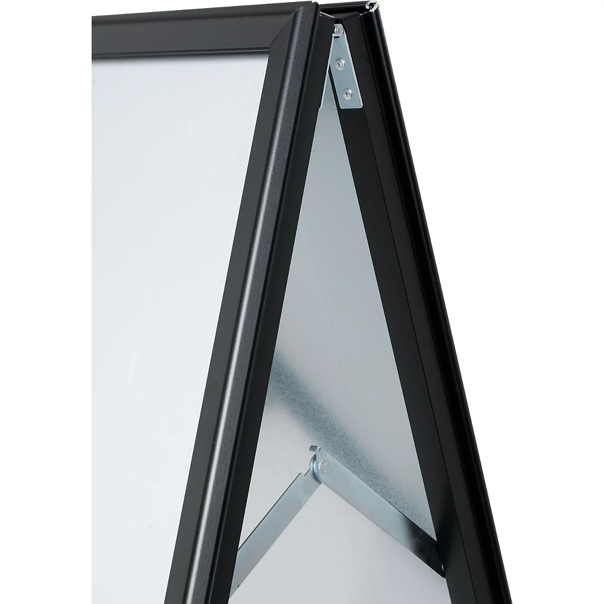 Detail of a black A-frame advertising sign. Metal brackets and frame. White interior, sharp edges.
