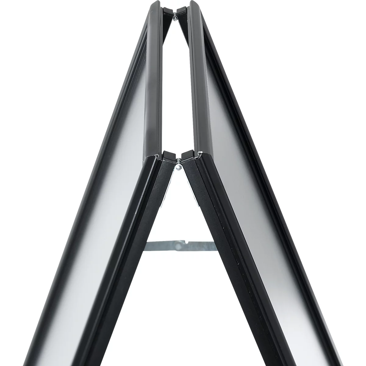 Black, two-sided sidewalk sign opened at an angle. A metal foot stabilizes it.