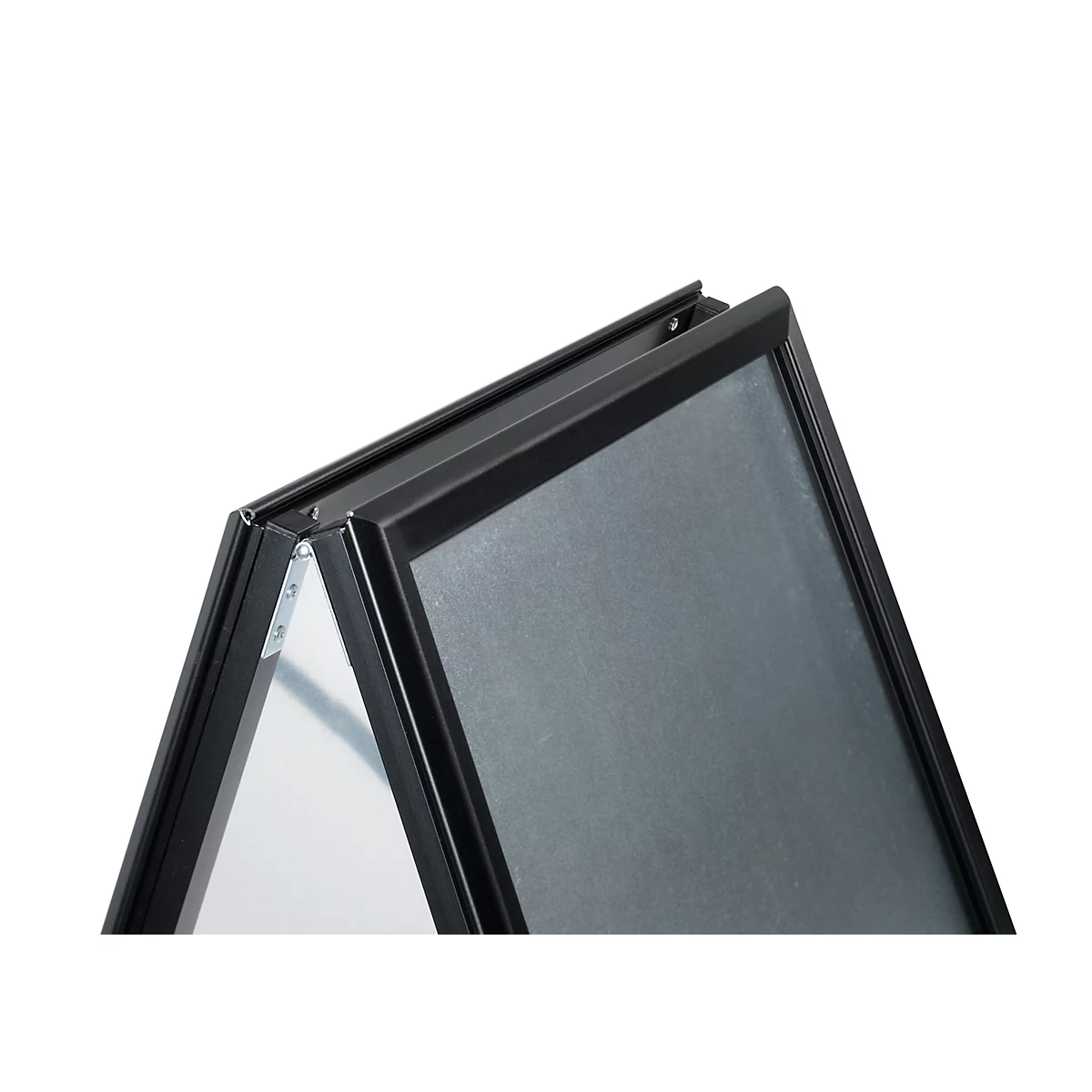 Close-up of a black A-frame sign, partially open. The frame is made of metal.