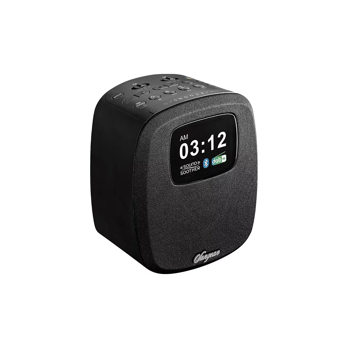 Schwarzes Digitalradio mit Weckerfunktion, LCD-Display zeigt 03:12, DAB+ und Bluetooth-Logo.