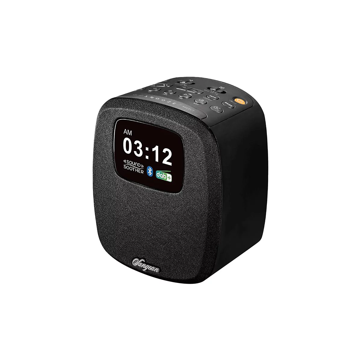 Schwarzes Digitalradio von Sangean mit Display, Bluetooth und DAB+ Symbolen auf weißem Hintergrund.