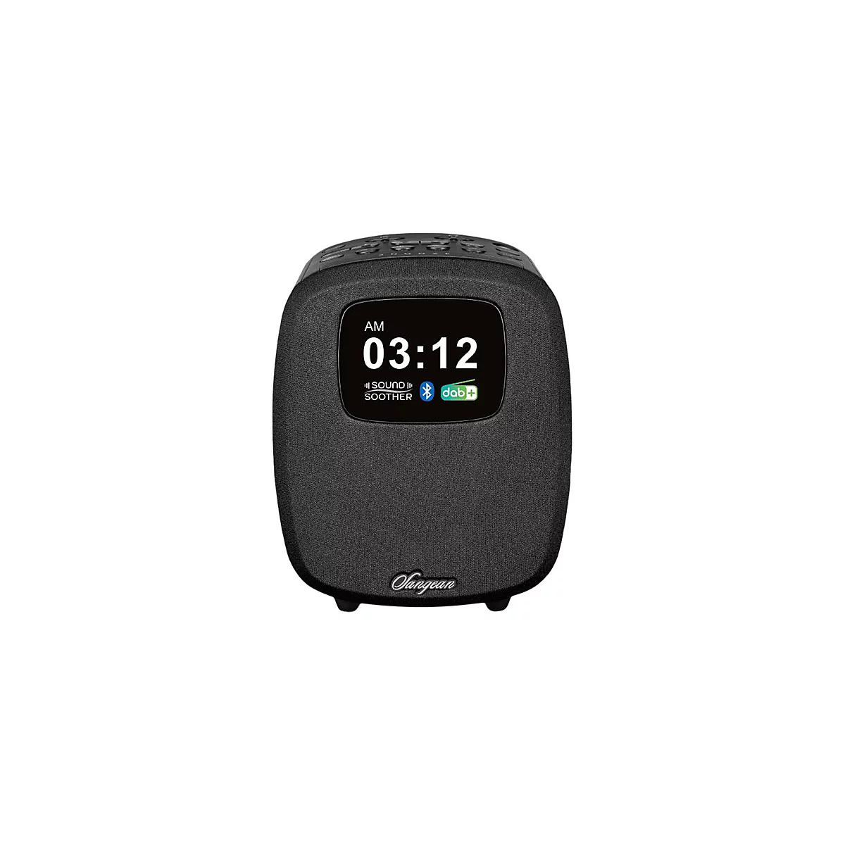Schwarzes Digitalradio von Sangean mit Display, Anzeige 03:12, Bluetooth und DAB+ Symbolen.
