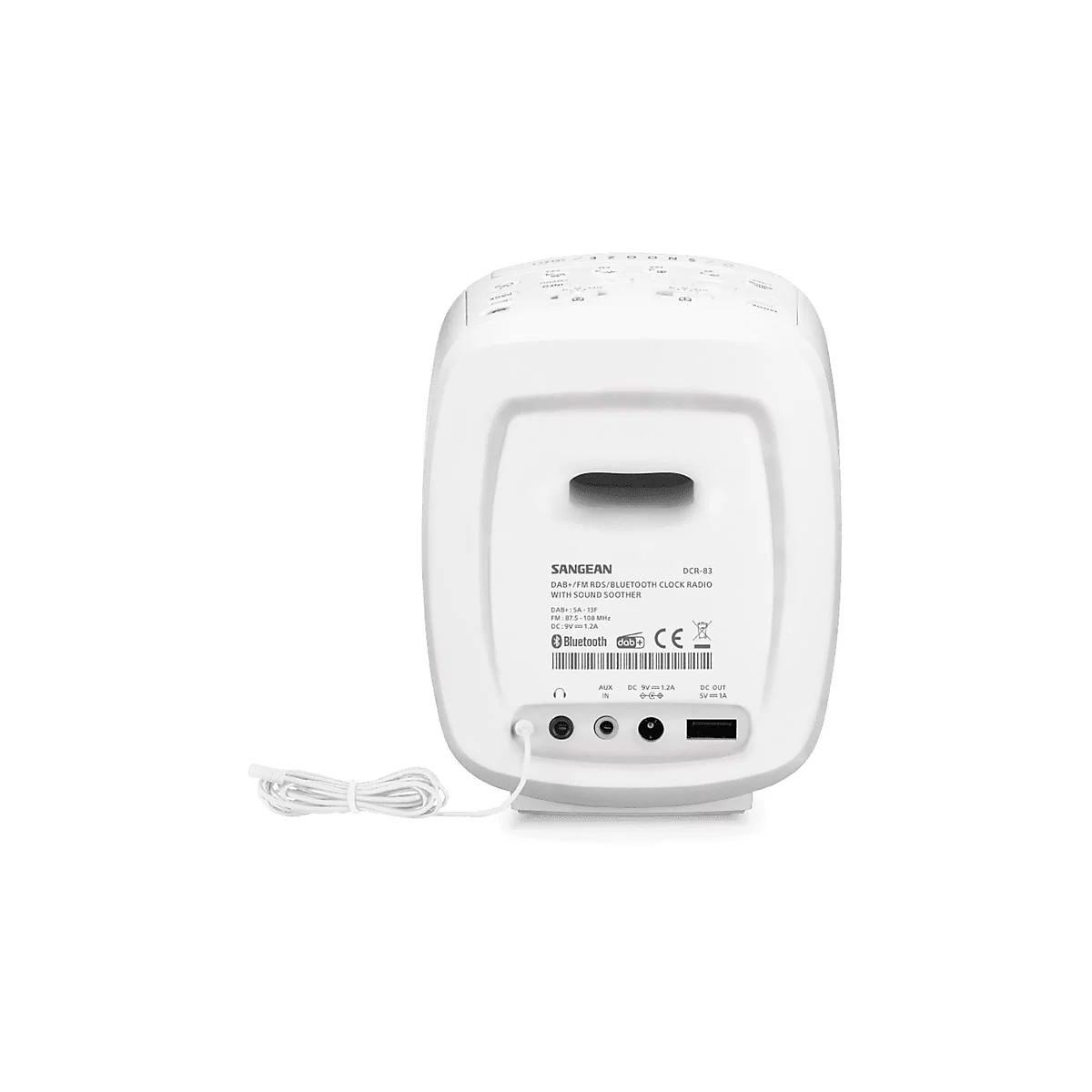 Rückseite eines weißen Sangean Digitalradios mit verschiedenen Anschlüssen und einem eingesteckten Kabel.