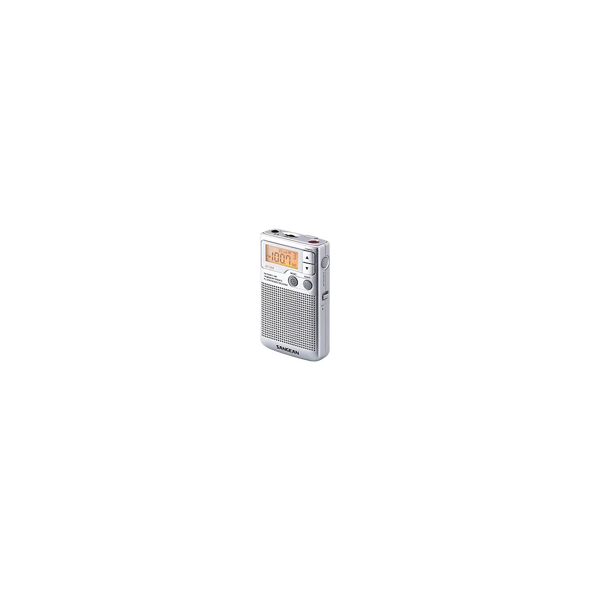 Silbernes Sangean Taschenradio mit digitalem Display und Tasten vor weißem Hintergrund.