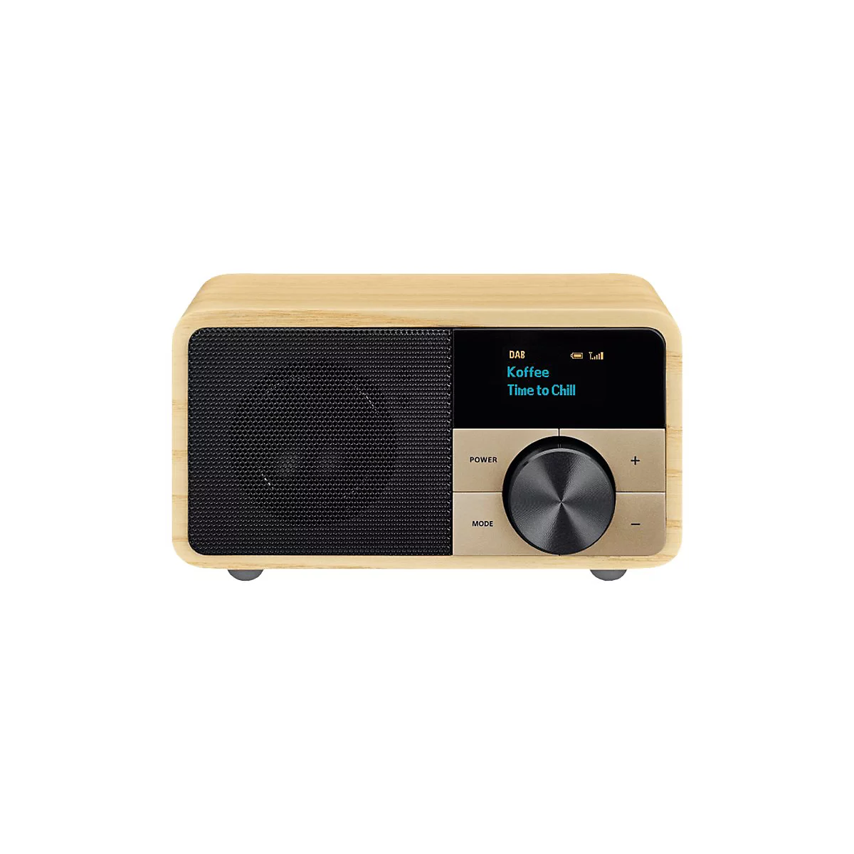 Kompaktes Digitalradio mit Holzgehäuse, schwarzem Lautsprechergitter und Displayanzeige Time to Chill.