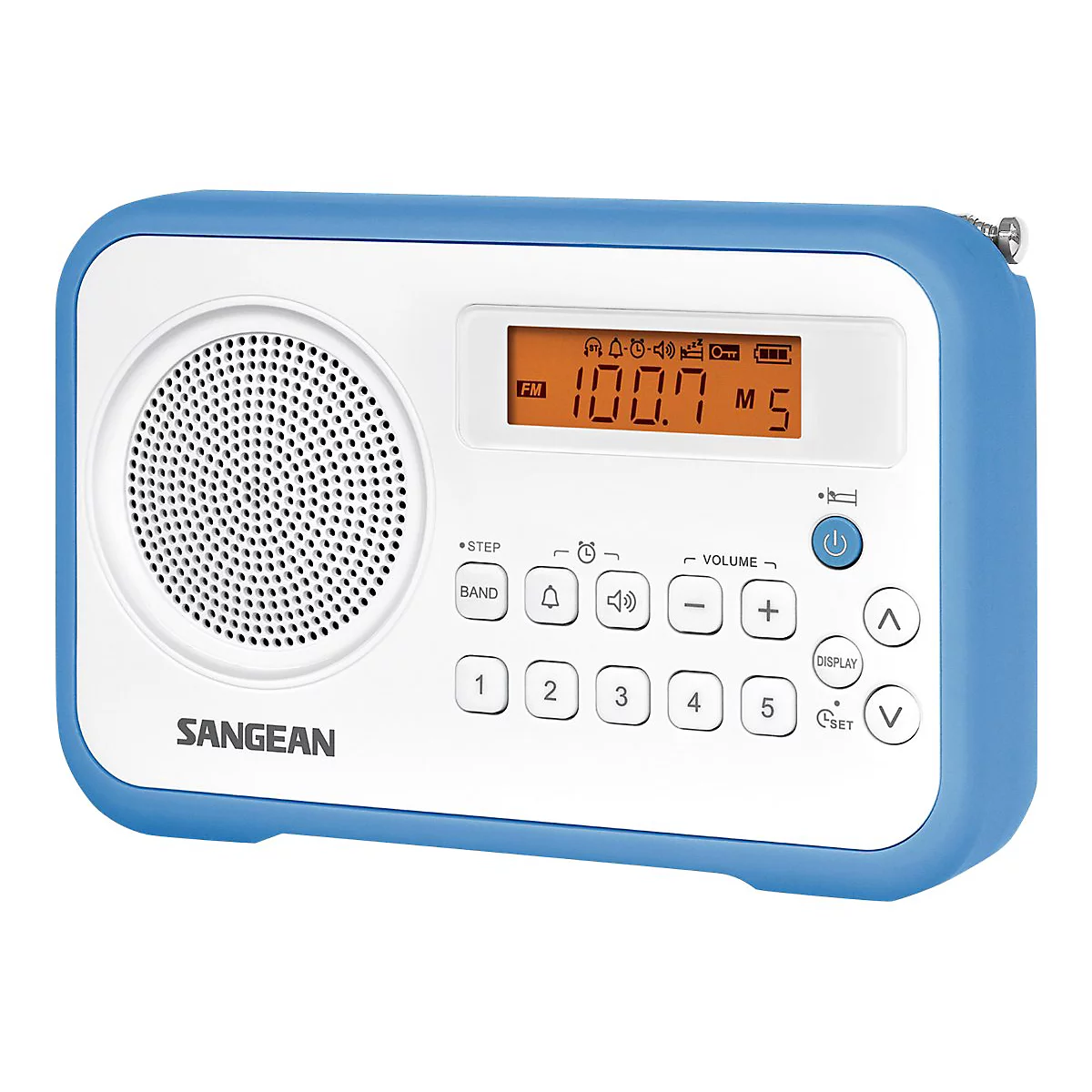 Blaues Sangean Digitalradio mit weißer Front, LCD-Display und Tastenfeldern auf weißem Hintergrund.