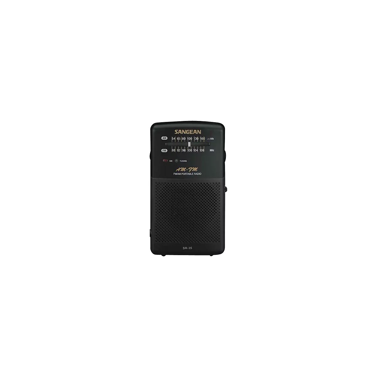Schwarzes, kompaktes Sangean SR-35 tragbares AM/FM-Radio mit analoger Skala vor weißem Hintergrund.