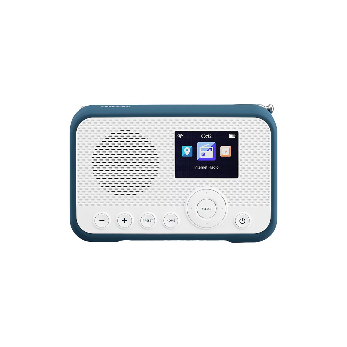 Blaues Sangean Internetradio mit weißer Front, Lautsprechergitter und Display auf weißem Hintergrund.