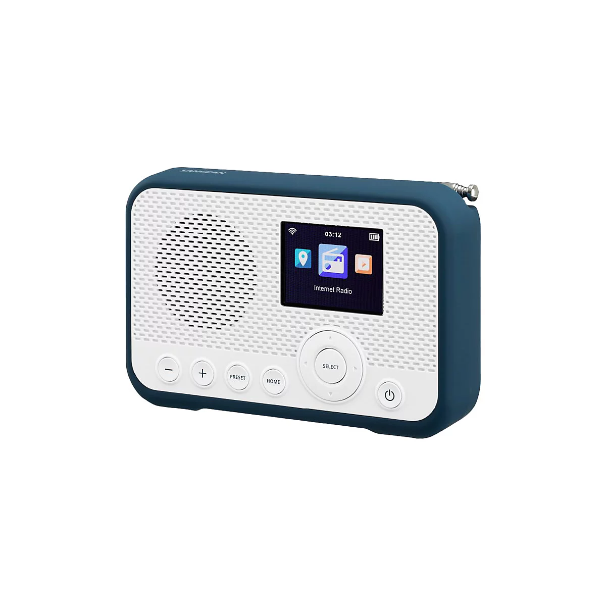 Blau-weißes Sangean Internetradio mit Display, Lautsprechergitter und Bedienknöpfen auf weißer Front.