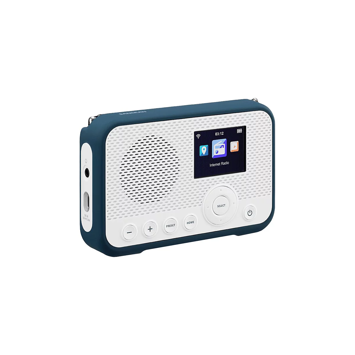 Dunkelblaues Sangean Internetradio mit weißer Front, Lautsprechergitter, Digitaldisplay und Bedienelementen.
