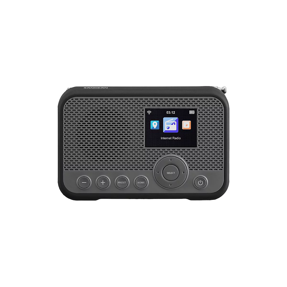 Schwarzes Sangean Internetradio mit Display, Tasten und Lautsprechergitter vor weißem Hintergrund.
